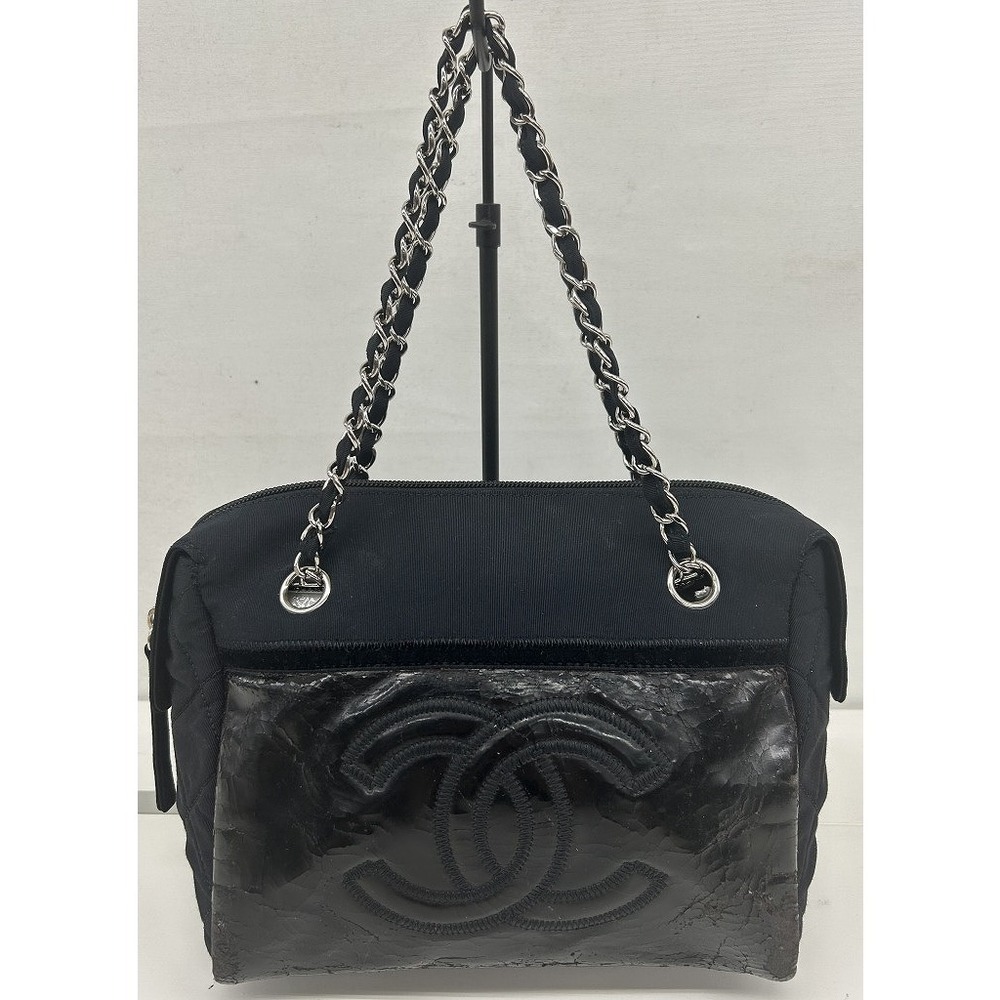 Chanel Matelasse Chain Strap Handbag Coco Mark Jersey Black